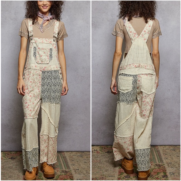 POL Floral leopard Print Frayed Detail Wide Leg Denim Jean overalls Bibs - Picture 1 of 2
